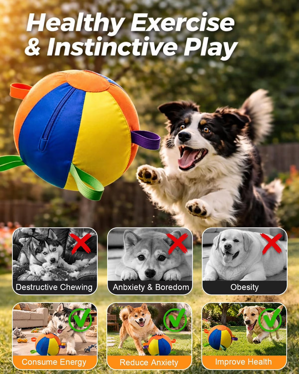 Calming Jumbo Herding Ball for Dogs, 10/18/22" Durable Tear-Resistant Inflatable Toys with Heavy-Duty Handle Cover & Pump, Big Exercise Toy for Pets and Horses