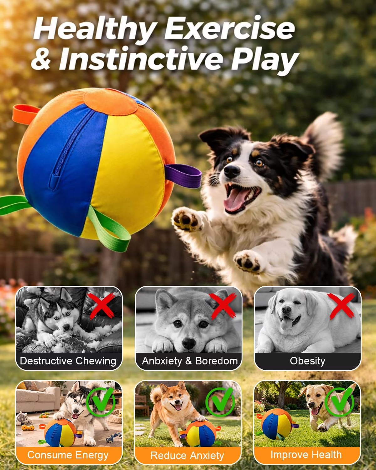 Calming Jumbo Herding Ball for Dogs, 10/18/22" Durable Tear-Resistant Inflatable Toys with Heavy-Duty Handle Cover & Pump, Big Exercise Toy for Pets and Horses