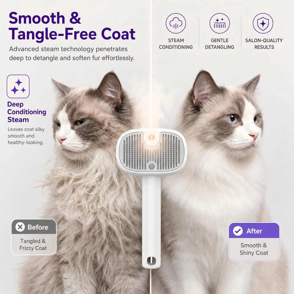 Revolutionary 3-in-1 Pet Grooming Brush with Steam & UV Sanitizing - Effortless Hair Removal for Dogs & Cats