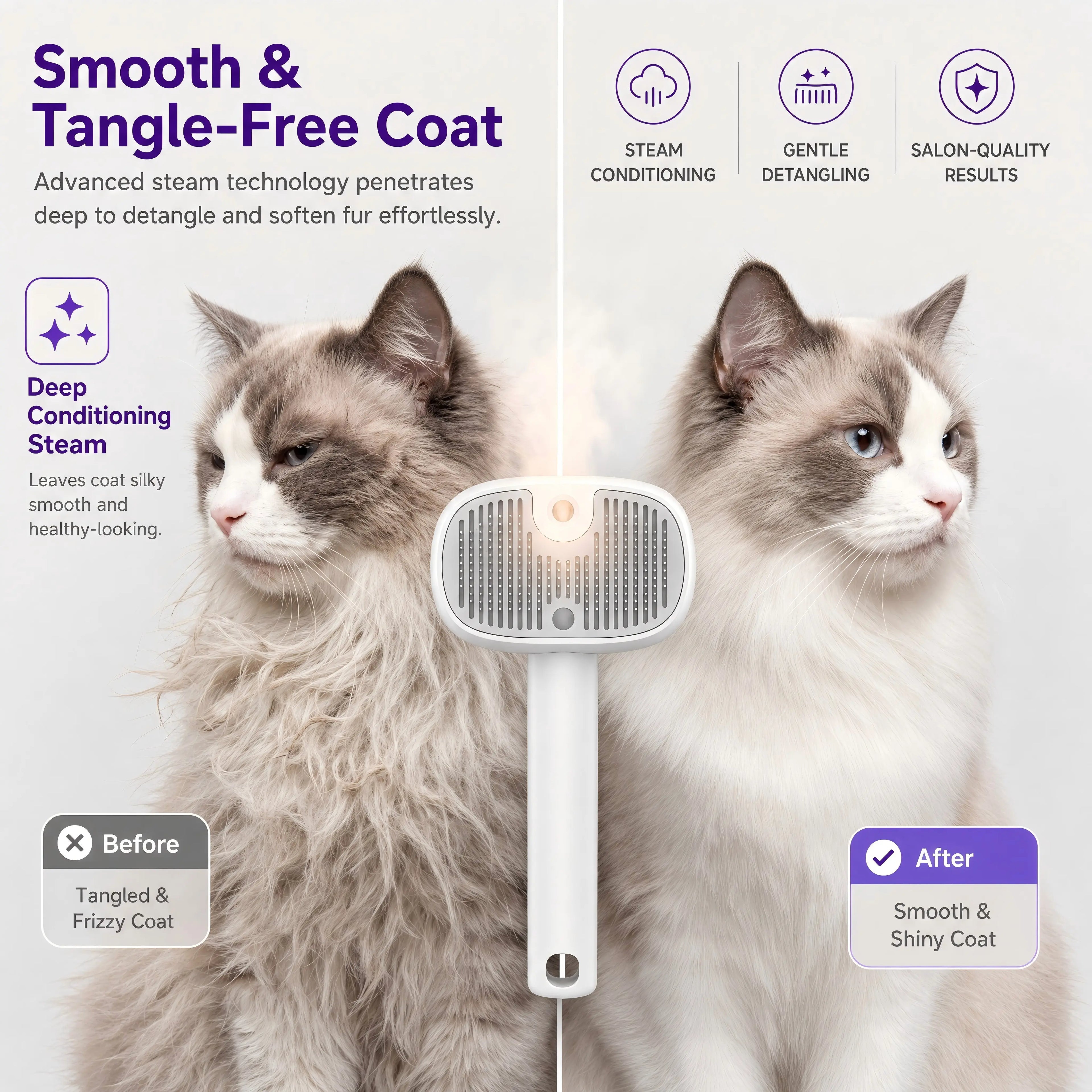 Revolutionary 3-in-1 Pet Grooming Brush with Steam & UV Sanitizing - Effortless Hair Removal for Dogs & Cats