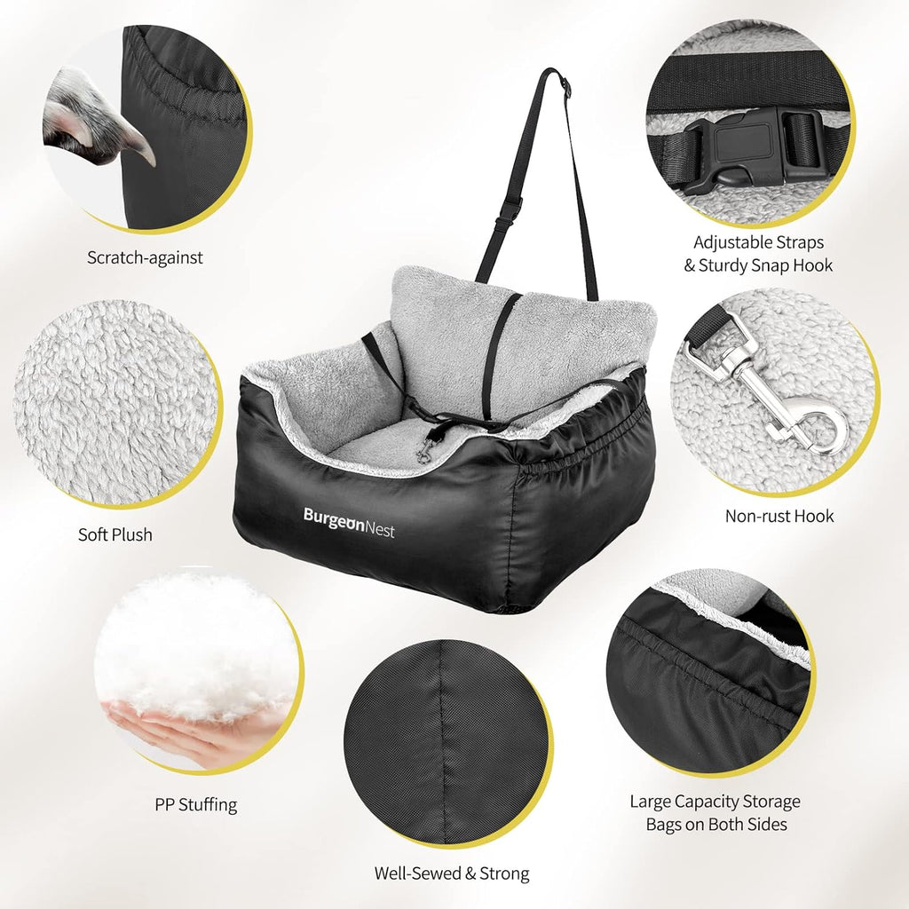 Premium Dog Car Seat for Small Dogs Under 25 lbs - Soft, Detachable, and Washable Pet Booster Seat with Storage Pockets and Clip-On Leash, Black