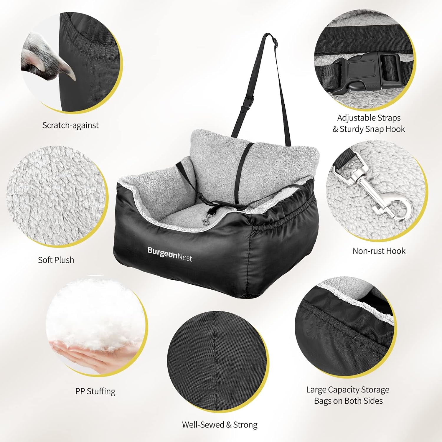 Premium Dog Car Seat for Small Dogs Under 25 lbs - Soft, Detachable, and Washable Pet Booster Seat with Storage Pockets and Clip-On Leash, Black