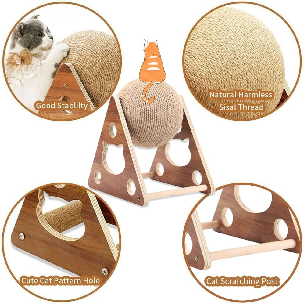 Cat Scratcher Toy,Natural Sisal Rope Cat Scratching Ball Scratcher Toy with Ball for Cats& Kittens&Dogs&Puppy, Interactive Solid Wood Scratcher Pet Toy (Small)
