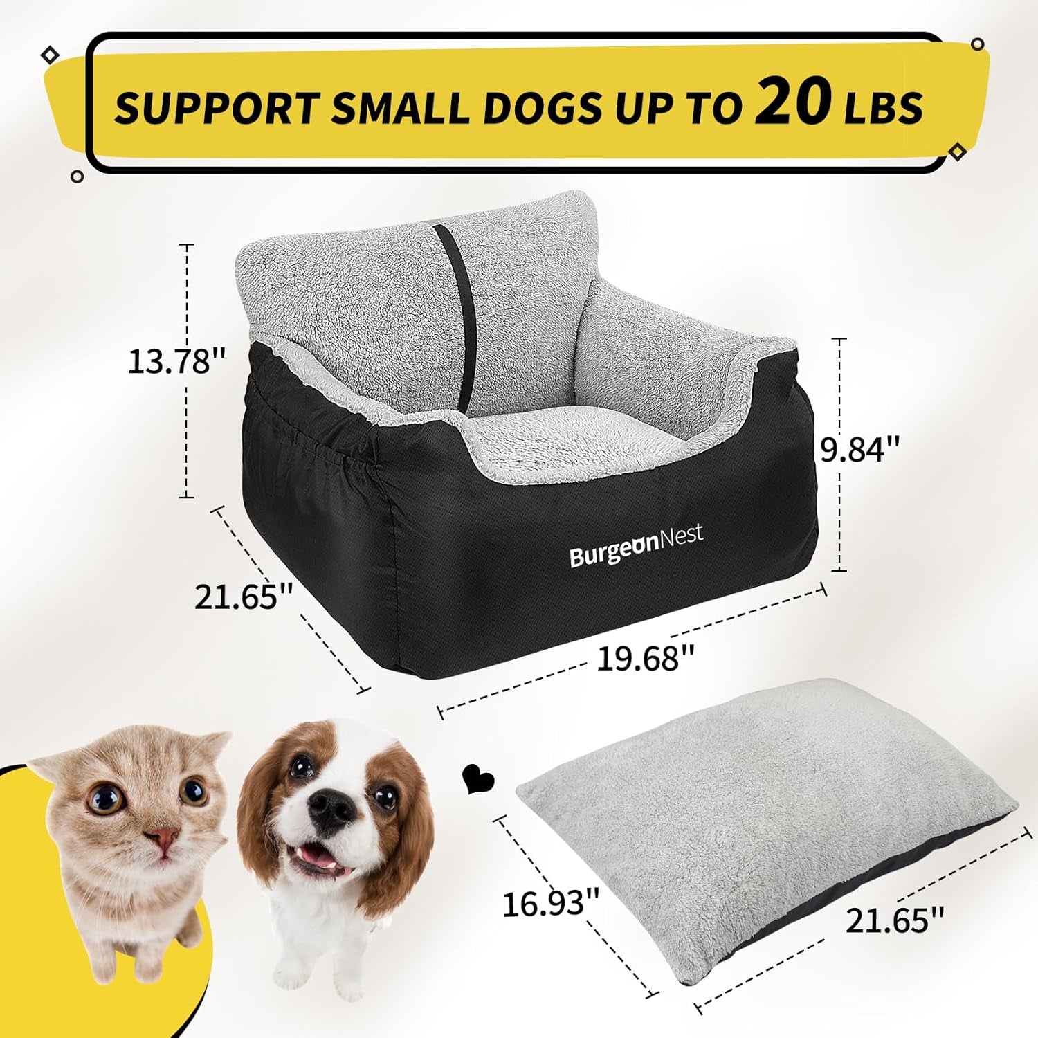 Premium Dog Car Seat for Small Dogs Under 25 lbs - Soft, Detachable, and Washable Pet Booster Seat with Storage Pockets and Clip-On Leash, Black