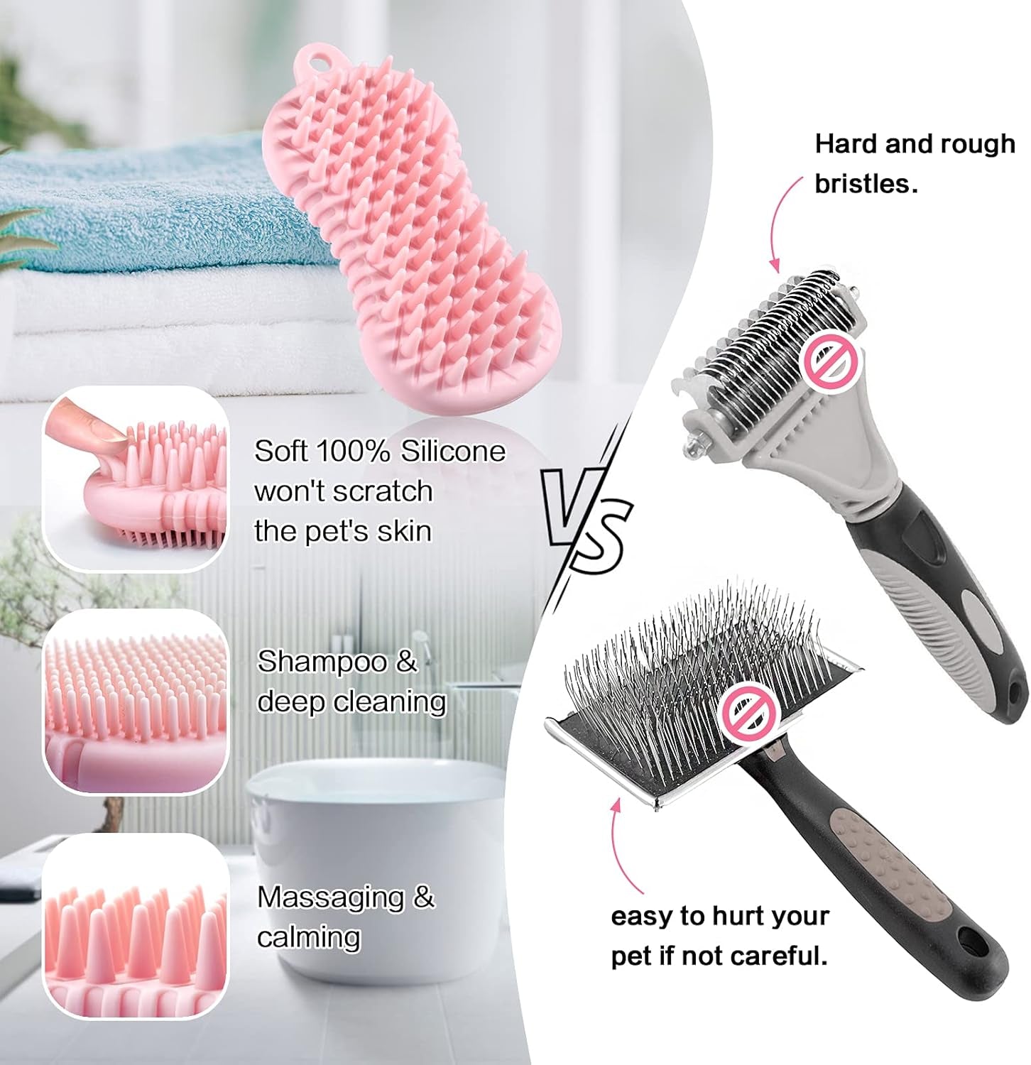 Pet Grooming Shampoo & Massage Brush for Cats & Dogs