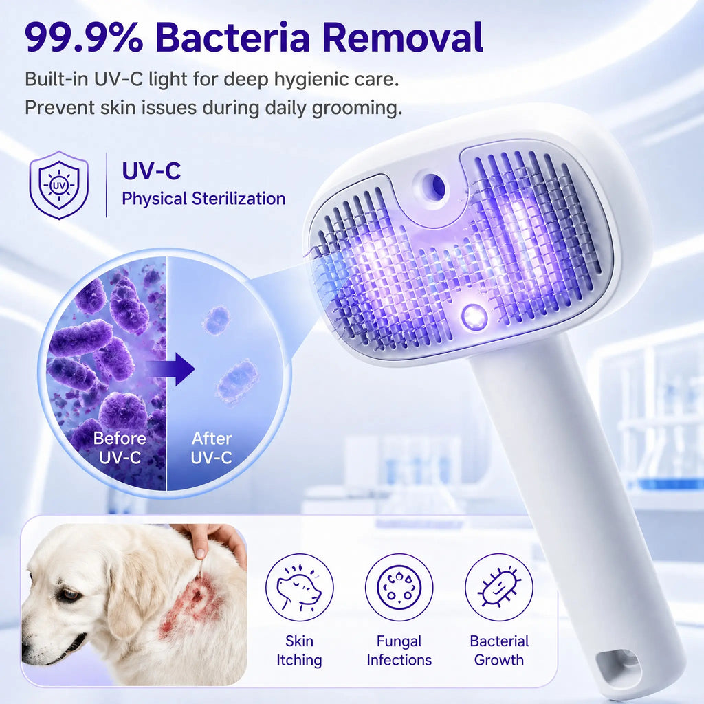 Revolutionary 3-in-1 Pet Grooming Brush with Steam & UV Sanitizing - Effortless Hair Removal for Dogs & Cats