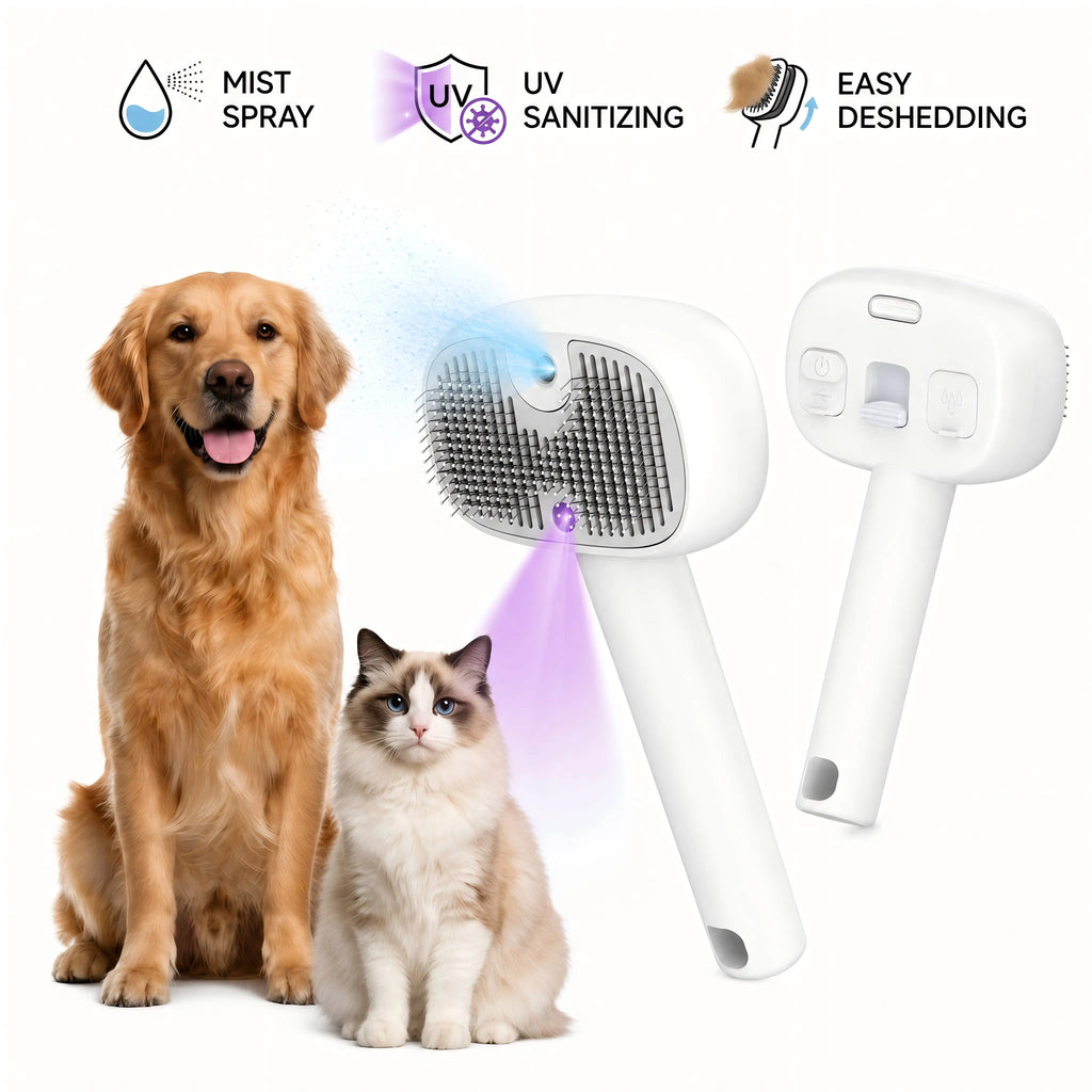 Revolutionary 3-in-1 Pet Grooming Brush with Steam & UV Sanitizing - Effortless Hair Removal for Dogs & Cats
