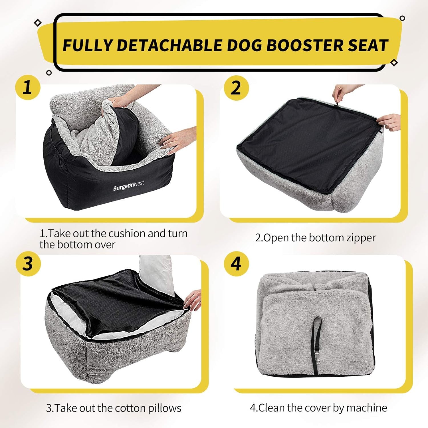 Premium Dog Car Seat for Small Dogs Under 25 lbs - Soft, Detachable, and Washable Pet Booster Seat with Storage Pockets and Clip-On Leash, Black