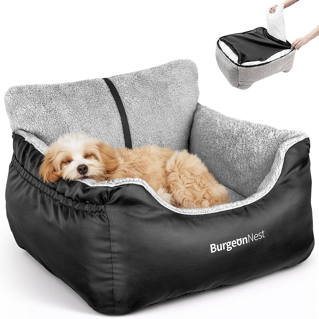 Premium Dog Car Seat for Small Dogs Under 25 lbs - Soft, Detachable, and Washable Pet Booster Seat with Storage Pockets and Clip-On Leash, Black